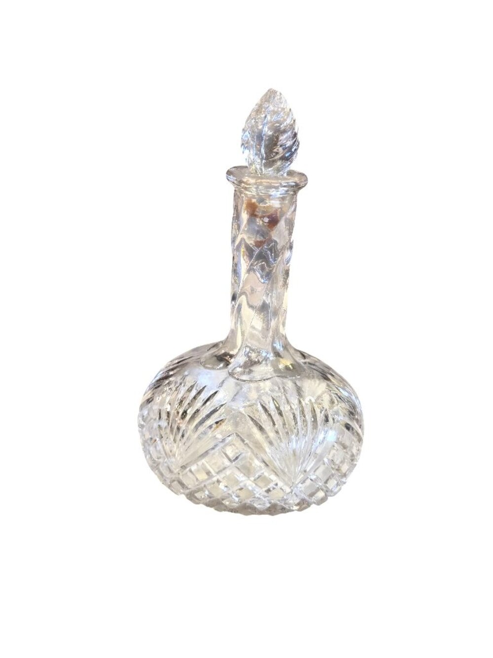 Diamond Cut Clear Glass Swirl Neck Globe Decanter Fitted Stopper Bottle Vintage